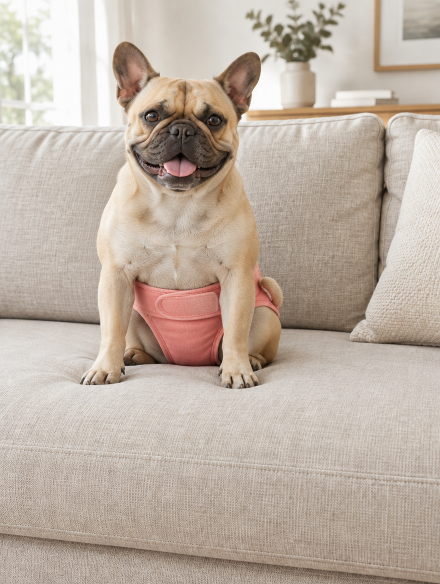 French Bulldog wearing a pink CouchSaver diaper on a clean sofa