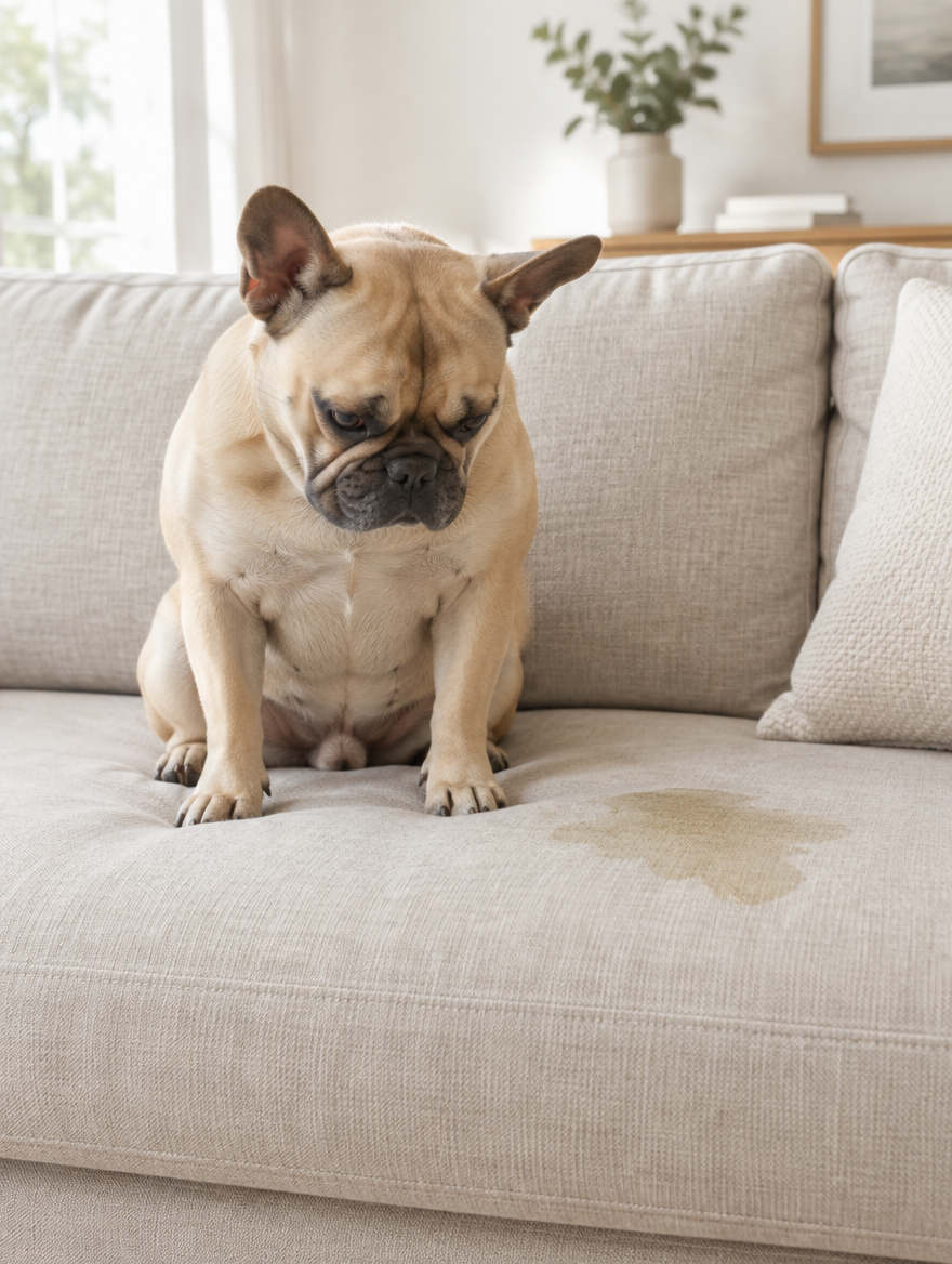French Bulldog on a stained beige sofa