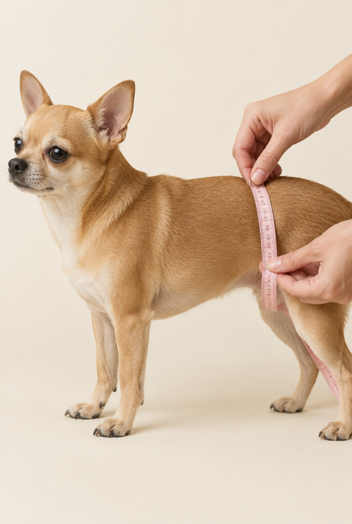 Measuring a Chihuahua's waist with a tape measure