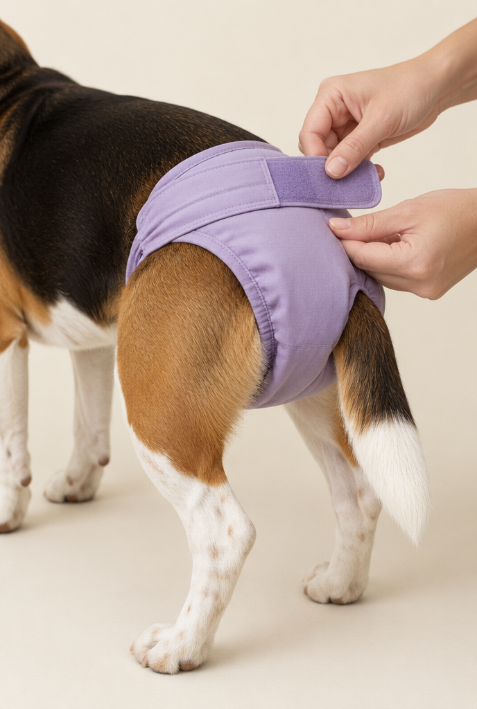 Fastening a purple CouchSaver diaper on a Beagle