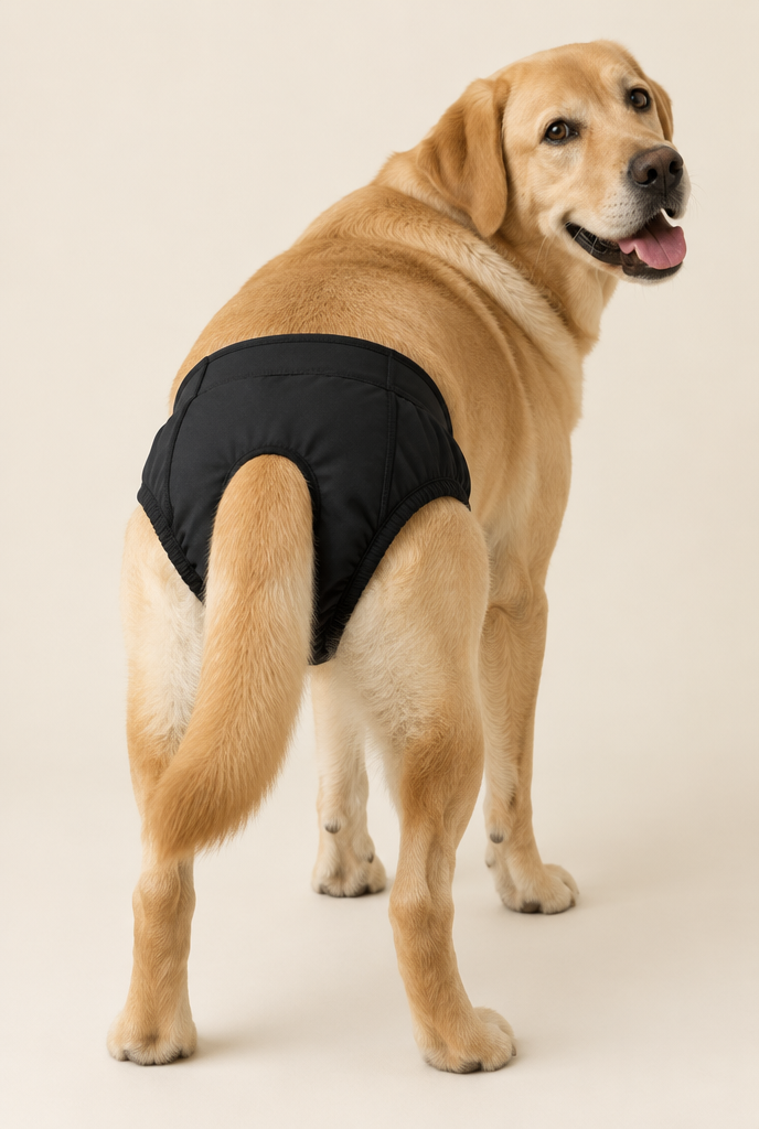 Labrador wearing a black CouchSaver diaper with tail through the tail hole