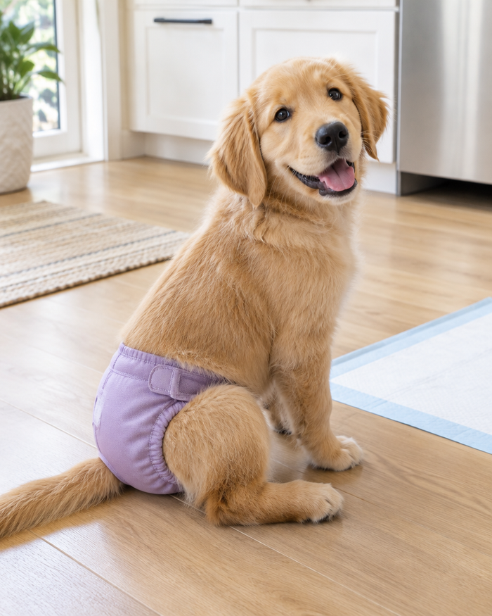 Golden retriever puppy in a purple washable diaper next to a training pad