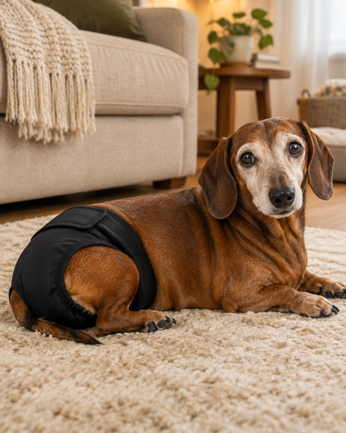 Senior Dachshund resting on a rug in a black washable diaper