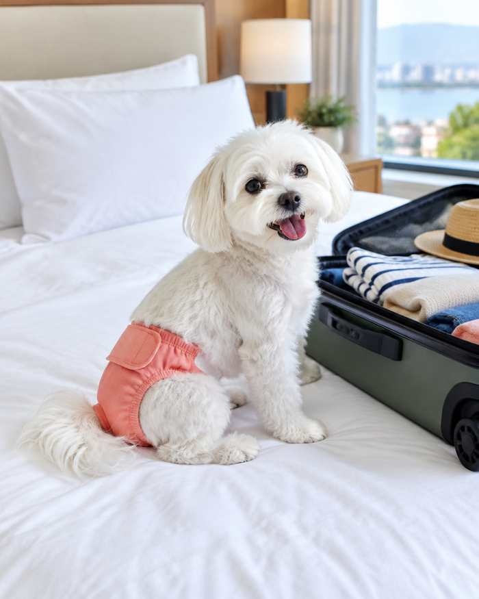 Maltese on a hotel bed next to a suitcase wearing a pink washable diaper